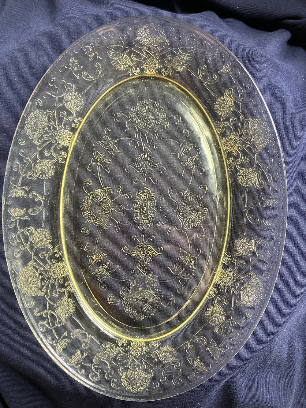 Hazel Glass Florentine Yellow Depression glass No 2 11”  platter MCM